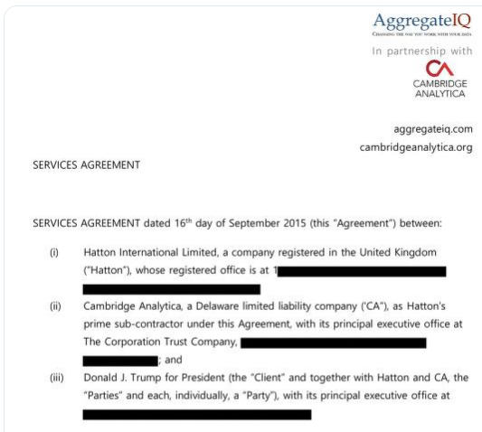 CreeksideAlison's tweet photo. So despite their testimony to the HoC in April 2018, it appears #AggregateIQ, the little politech data shop above an optometrist's office in Victoria BC paid $6M by 4 #Brexit groups, was in partnership with #CambridgeAnalytica in a contract with Trump dating from September 2015. https://t.co/KmW3Mnb3hl