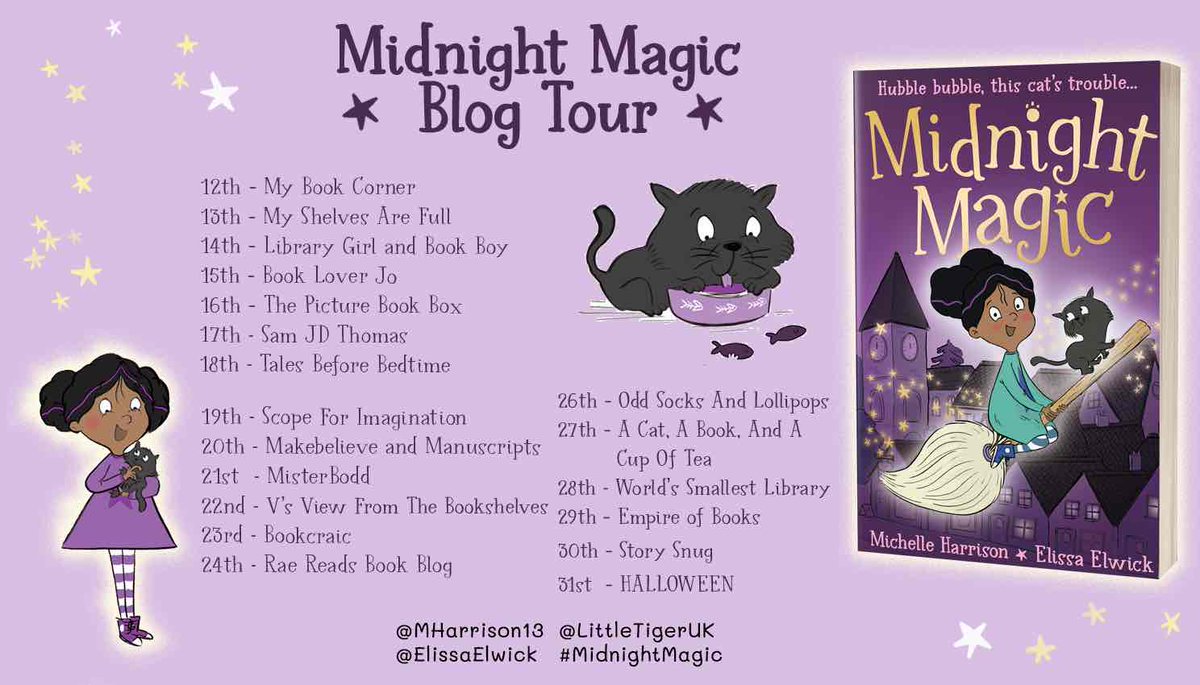Be sure to follow the #BlogTour for #MidnightMagic a perfect pre-Halloween treat for younger readers. There are interviews, features and even sneak peeks at the beautifully illustrated pages. @MHarrison13 @ElissaElwick @LittleTigerUK Review dates here: