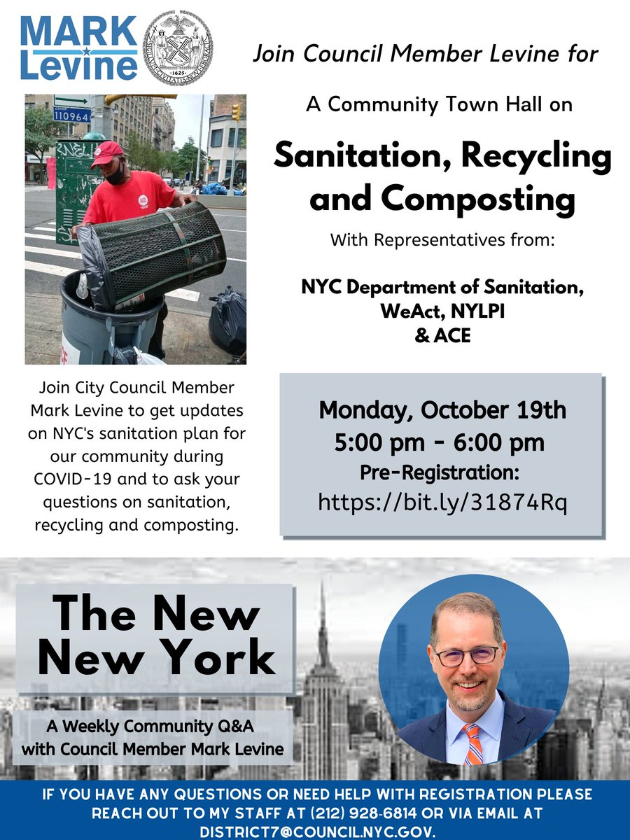 We'll be at <a href="/MarkLevineNYC/">Mark D. Levine</a>'s town hall meeting on Monday talking sanitation, compost &amp; recycling with <a href="/weact4ej/">WE ACT for Environmental Justice</a> &amp; <a href="/NYCSanitation/">NYC Sanitation</a>!  Registration info 👇