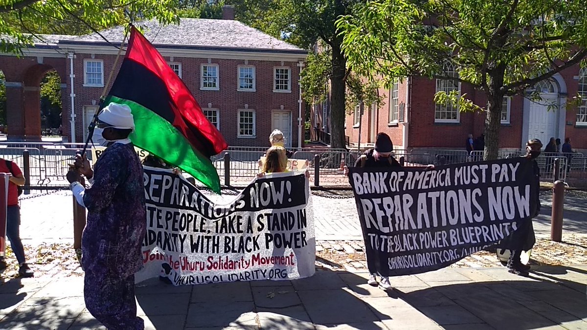 protest_nyc's tweet image. [PHILLY] Around 40 demonstrators and @UhuruSolidarity members in today&apos;s #MarchForReparations are marching past historic sites, accompanied by marked and unmarked police cars + several PPD bike units, en route to @UhuruFurniture for a rally and African market day.