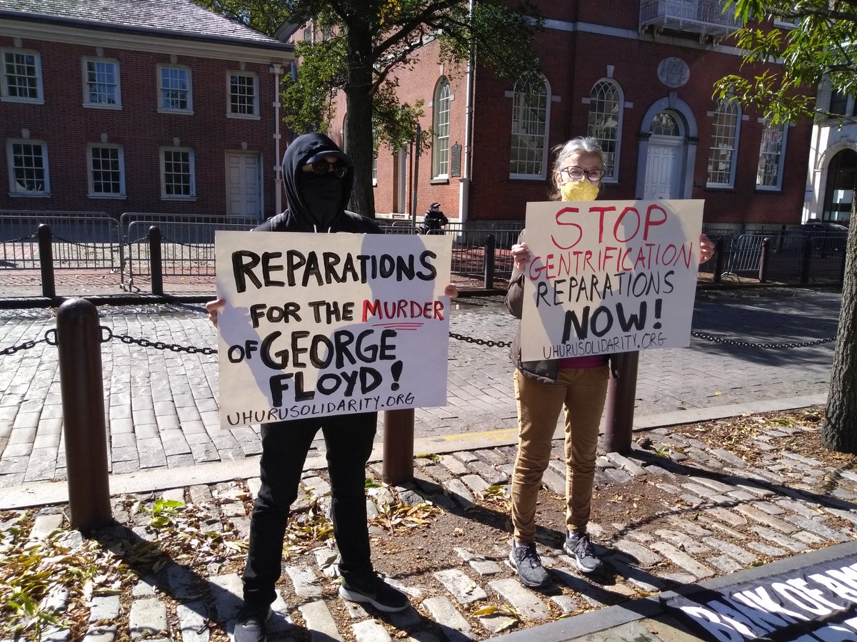 protest_nyc's tweet image. [PHILLY] Around 40 demonstrators and @UhuruSolidarity members in today&apos;s #MarchForReparations are marching past historic sites, accompanied by marked and unmarked police cars + several PPD bike units, en route to @UhuruFurniture for a rally and African market day.