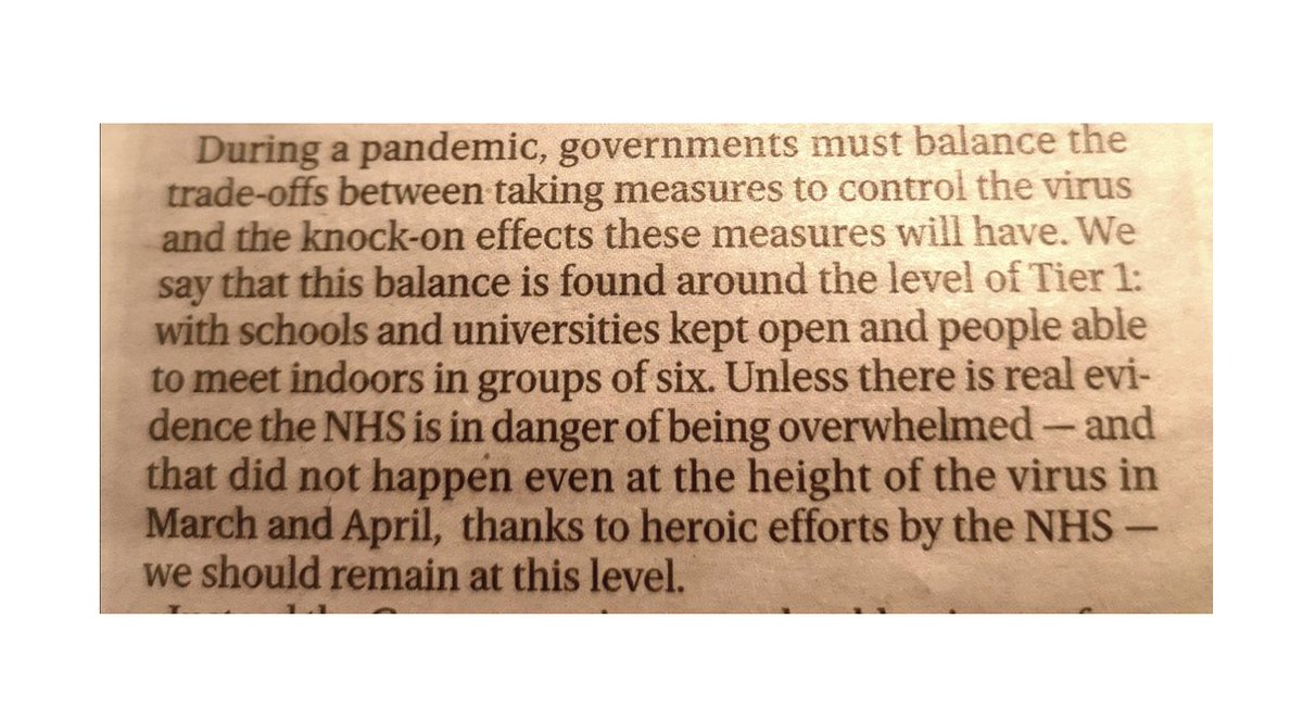 Grateful to the  @EveningStandard for encapsulating the right-wing case against further Covid restrictions in one neat paragraph.But oh deary, deary me. What a paragraph.The right seem to think of Covid as something that can be negotiated with. 1/7