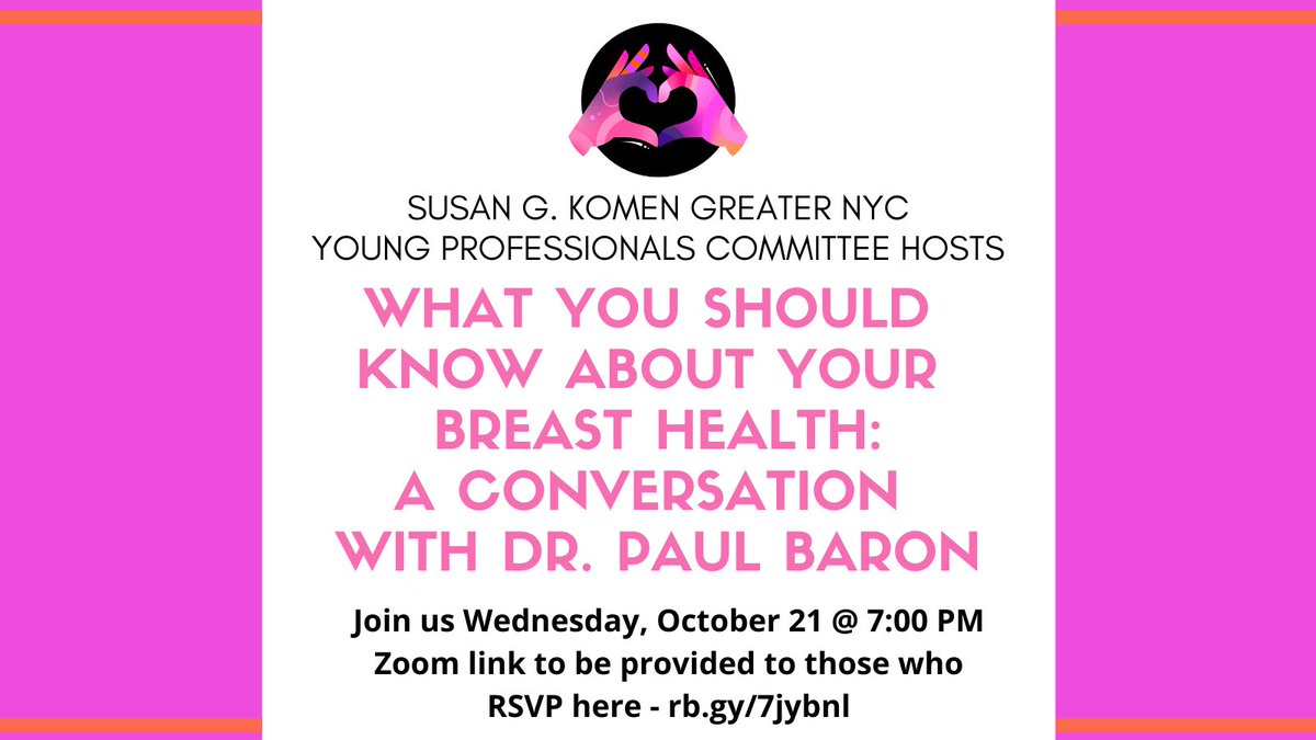 Susan G. Komen NYC (@komengreaternyc) on Twitter photo Turn Awareness into Action during #nationalbreastcancerawarenessmonth💖 Join us for What You Should Know About Your Breast Health: A Conversation with <a href="/DrPaulBaronNYC/">Dr. Paul Baron</a> this Wednesday, October 21 at 7:00 PM ET
Zoom link to be provided - RSVP here: rb.gy/7jybnl Turn Awareness into Action during #nationalbreastcancerawarenessmonth💖 Join us for What You Should Know About Your Breast Health: A Conversation with <a href="/DrPaulBaronNYC/">Dr. Paul Baron</a> this Wednesday, October 21 at 7:00 PM ET
Zoom link to be provided - RSVP here: rb.gy/7jybnl