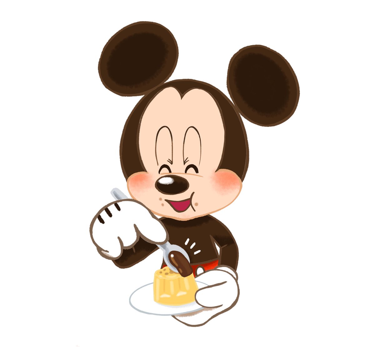 ぱずる プリンのカラメルを食べるミッキーマウスのイラスト いらすとやから学ぶディズニーイラスト