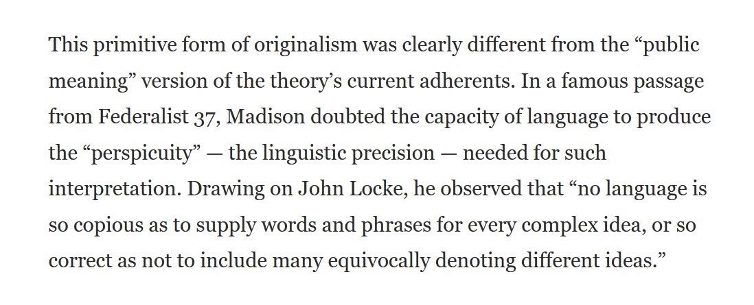 And, more on  #History &  #Constitution  #Originalism from  @JRakove in  @PostOutlook pointing out the paradox that the framers themselves were not originalists ... does “public meaning” ultimately collapse on the very terms of its own methodology? https://www.washingtonpost.com/outlook/originalism-constitution-founders-barrett/2020/10/16/1906922e-0f33-11eb-8a35-237ef1eb2ef7_story.html