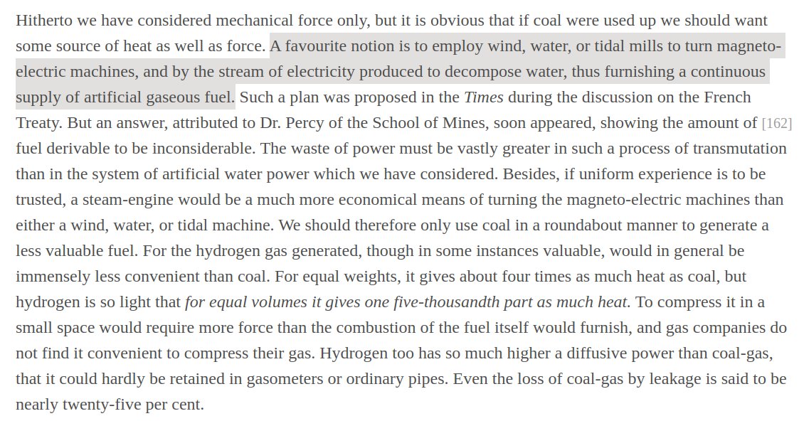 Last thread on history of renewables + hydrogen (promise):TL;DR:- Idea of using electrolysis of water & storing hydrogen is almost as old as electrolysis (1789)- Already a lively debate in *1863* about combining variable renewables with electrolytic hydrogen to replace coal