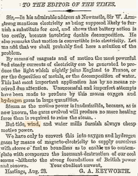 The above quotation is from Jevons' (he of paradox fame) marvellous 1865 treatise "The Coal Question": https://oll.libertyfund.org/titles/317#Jevons_0546_346(h/t  @physicspod)and refers to an exchange in The Times of London in 1863, started by this letter on page 10 of the 2nd Sep 1863 edition: