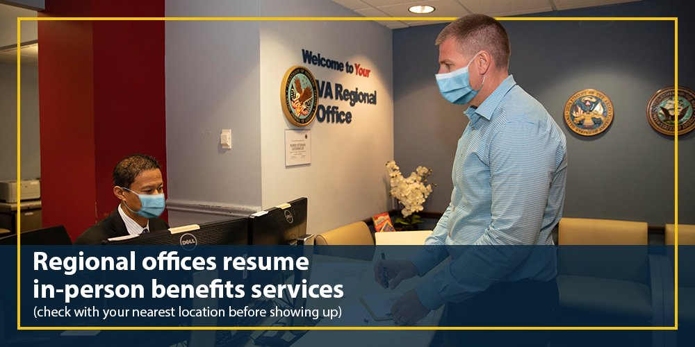 VA has resumed in-person benefits services in 11 regional offices (RO). ROs will continue adherence to @CDCgov guidelines which includes the use of social distancing, face coverings, hand sanitizer and asking sick individuals to stay at home. Learn more: https://t.co/GnoRrrhbza https://t.co/cebQD0xIA6