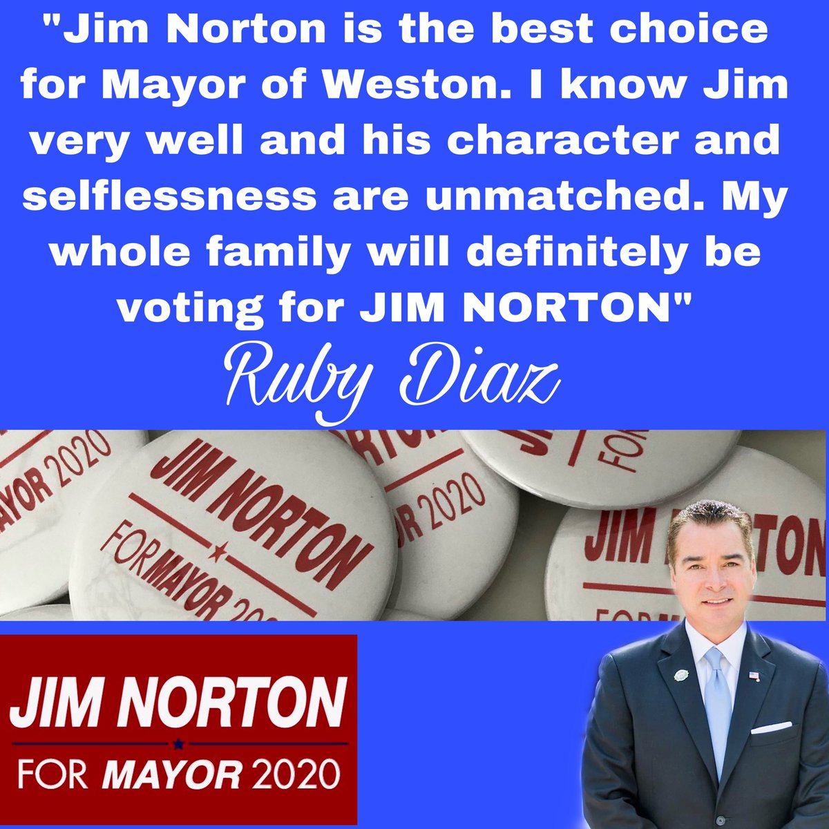 #Grateful #NortonInNovember
#JimNorton #VoteJimNorton #WestonMayor
#Weston #WestonFlorida
#WestonianParty
#JimNorton2020
#MunicipalExperience #CommunityService #Leadership #Vote2020 #NonPartisan

Approved by Jim Norton for Mayor