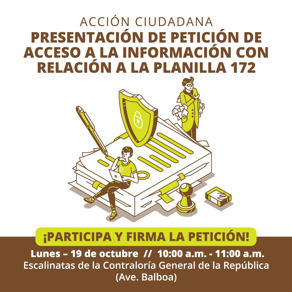Un grupo de ciudadanos estaremos ante la <a href="/ContraloriaPma/">Contraloría General de la República de Panamá</a> formalizando petición de acceso a la información concerniente a la “planilla 172” de servicios profesionales en la <a href="/asambleapa/">Asamblea Nacional</a> 

Bienvenidos los que deseen respaldar con su firma. #NoALa172