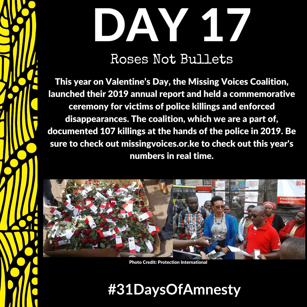 AmnestyKenya's tweet photo. On the 17th day of Amnesty, AIK gave to you...#RosesNotBullets. As part of the @MissingVoicesKE coalition, we spread #RosesNotBullets as a way of remembering the lives of those lost to #PoliceBrutality. Join Amnesty and speak up against police killings
https://t.co/9Ddzo42qjk https://t.co/2xuethdMSf