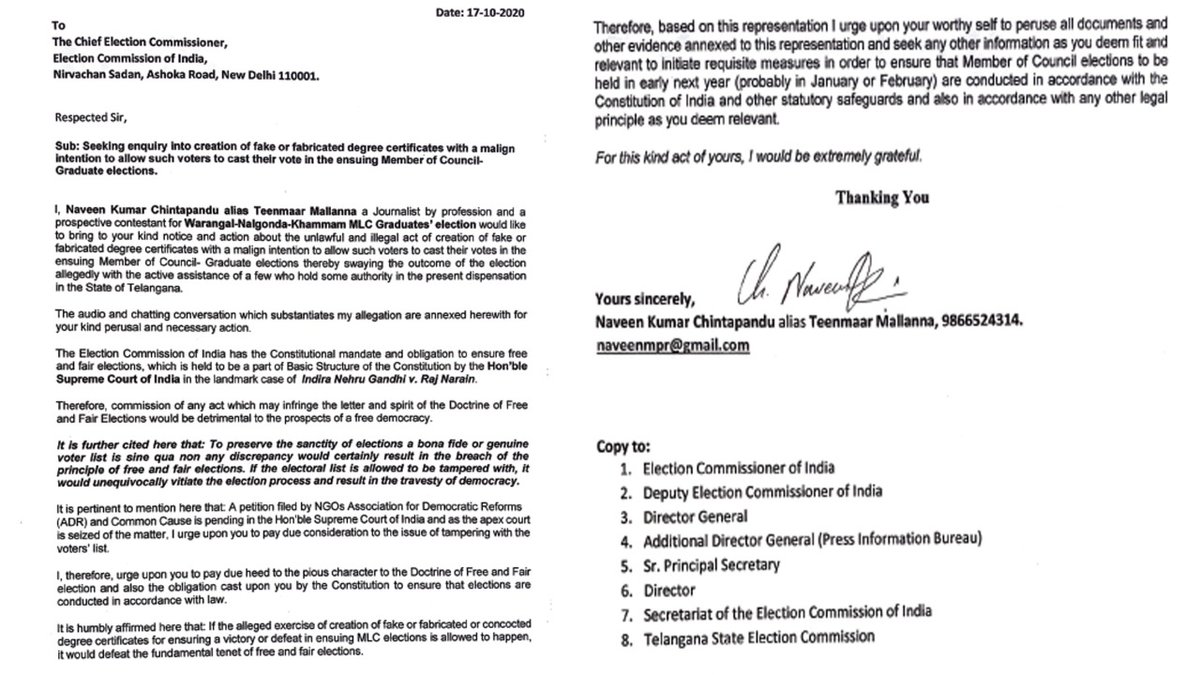 TeenmarMallanna's tweet photo. Complaint against @trspartyonline for the creation of fake/fabricated graduate certificates to enroll votes in the upcoming MLC graduate Elections.
Awaiting quick response @ECISVEEP @PMOIndia  @DrTamilisaiGuv @TelanganaDGP 
#Ban_AnuragUniversity #Ban_MallareddyUniversity https://t.co/PHtnJL4Zju