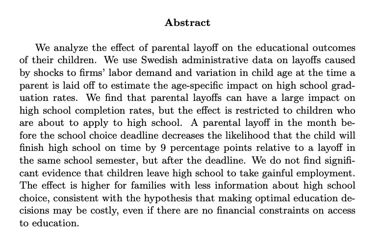 Julia TanndalJMP: "Family-level stress and children’s educational choice: Evidence from parent layoffs"Website:  http://juliatanndal.com/ 