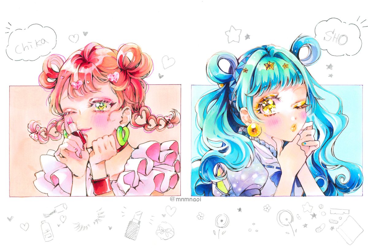 2girls multiple girls traditional media one eye closed pink hair braid earrings  illustration images
