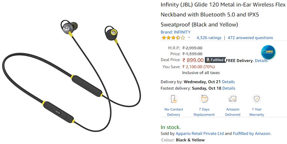 Guys #InfinityGlide120 Neckband #JBL for just Rs 899 (normal price 1399)  @amazonIN  #GreatIndianFestival. Go grab it now amzn.to/2T3ENHC Limited Period Offer