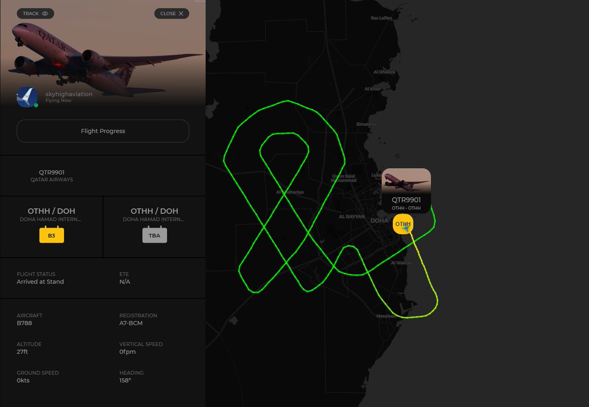 Love seeing special flights recreated in the virtual skies! Here's skyhighaviation completing <a href="/qatarairways/">Qatar Airways</a> #ThinkPink
flight. #QR9901