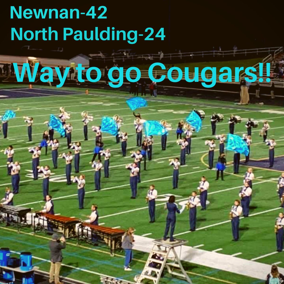newnanHSguard's tweet photo. Great job Cougar football on your win over North Paulding last night! Can’t wait to be back in the Drake at our next home game on Oct. 30th! #unitedasone #wearenewnan #marchingband #colorguard #fornewnan https://t.co/pA1xXRnCqt