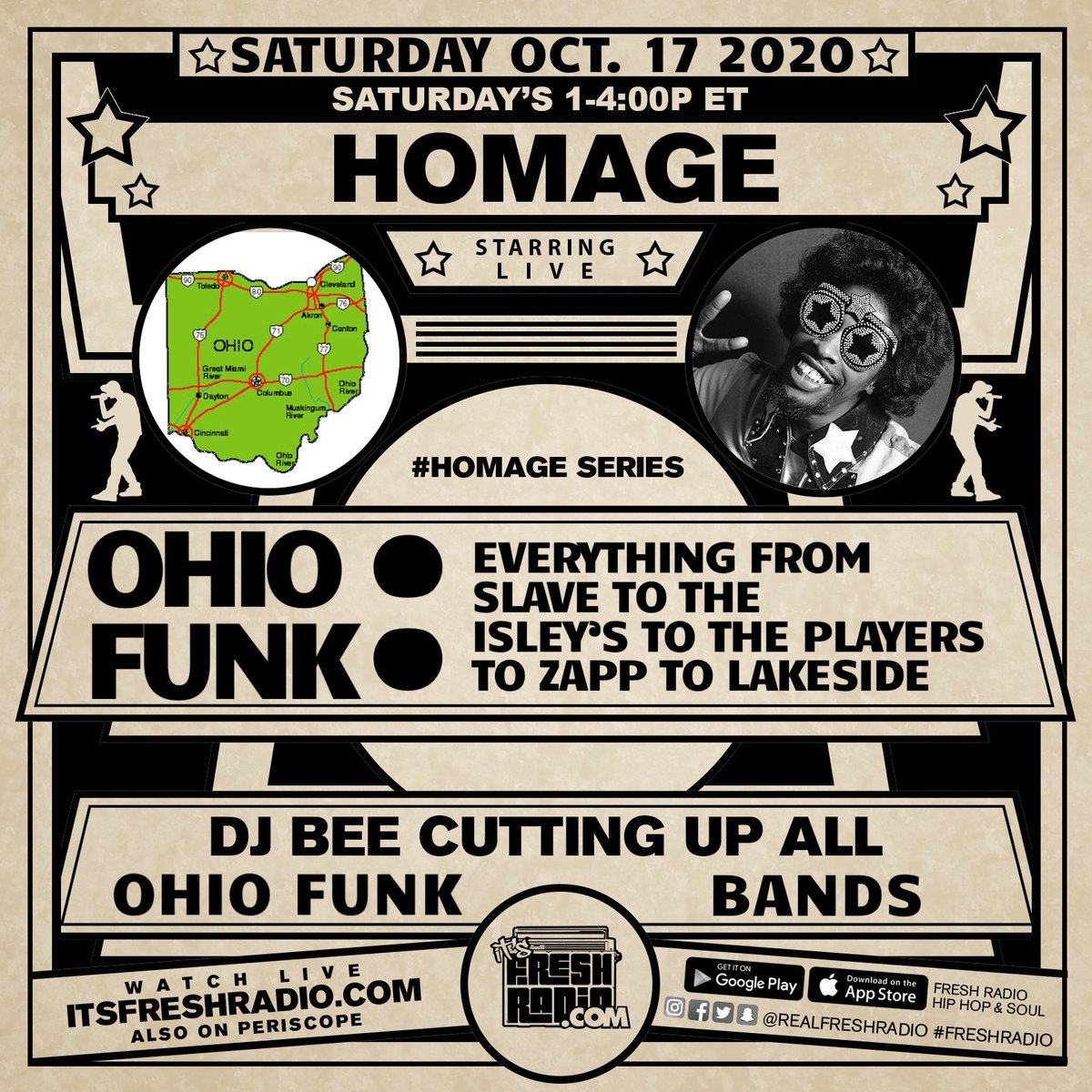 beesustheDJ's tweet photo. Today’s #homage I’m cutting up all #ohiofunk Bands from 1-4p ET LIVE on #freshradio listen in the app or watch the #livestream on https://t.co/78fZCenXgD #twitch or #periscope #djbee #skratchmakaniks #10yearsfresh https://t.co/d6DWdf0eej