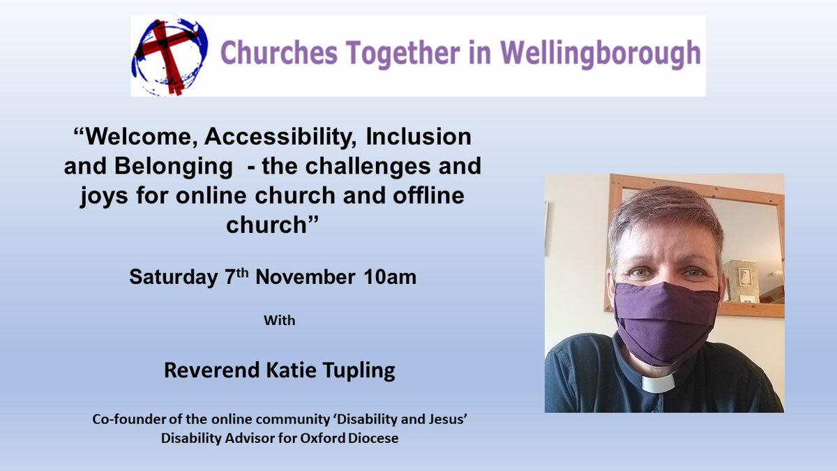 Only 3 weeks to go! 

<a href="/KtTup/">Revd Kt</a> - Co-founder of <a href="/DisabilityJ/">Disability and Jesus</a> &amp; Disability Advisor for <a href="/oxforddiocese/">Diocese of Oxford</a> on 7 Nov to speaking on "Welcome, Accessibility, Inclusion and Belonging - the challenges and joys for online church and offline church" 

Register at bit.ly/3iGatNe