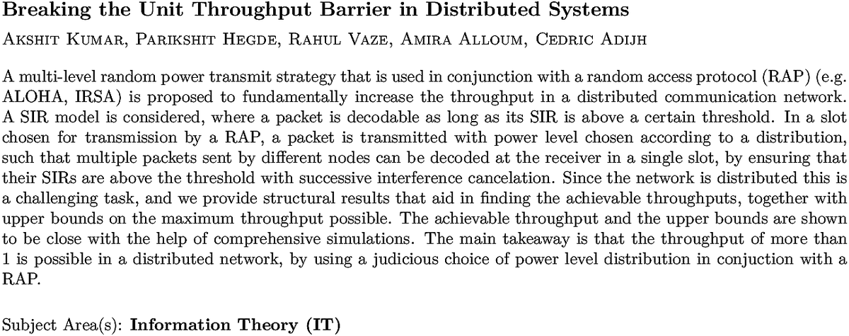 arxiv.org/abs/2010.07430…
A Kumar et. al.
Breaking the Unit Throughput Barrier in Distributed Systems