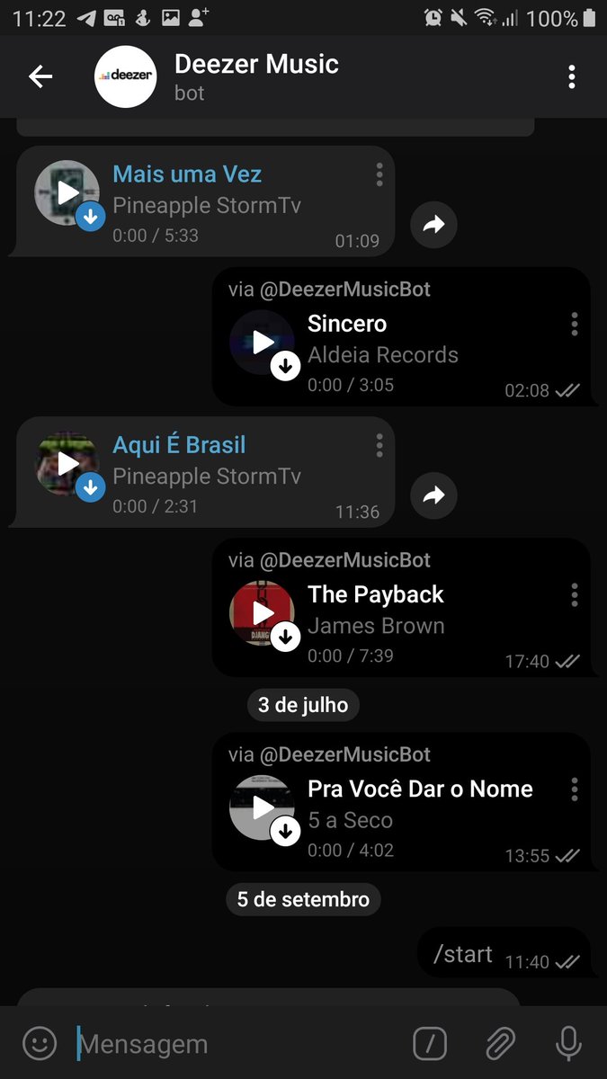 5°; @DeezerMusicBotEsse é incrível, você consegue ter acesso a todas as músicas da plataforma original e baixar elas pelo telegram, é só enviar o nome do artista ou o da música.