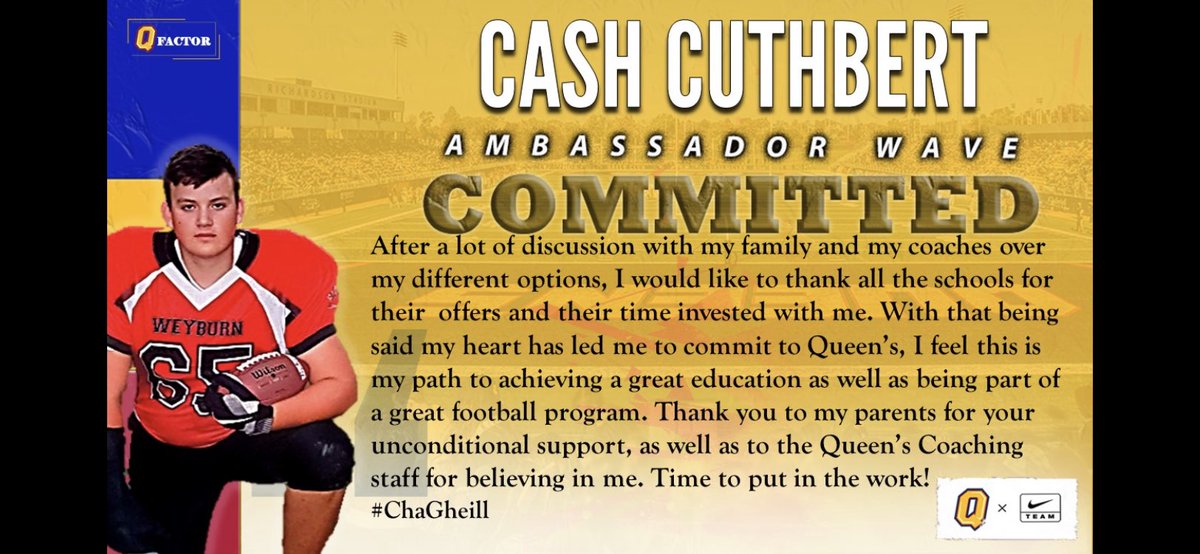 Excited to be a Gael and attend Queen’s University! <a href="/CoachNezQU/">Coach Nesbitt</a> <a href="/davelave95/">Dave Lavey</a> <a href="/4KwameOsei/">Kwame Osei</a> <a href="/coachbech/">Coach Bech</a> <a href="/SteveSnyderQ/">Steve Snyder</a> <a href="/coachtflaxman/">Tom Flaxman</a> <a href="/bendanger2644/">Ben D'Andrea</a> <a href="/chatfootball/">CanadaFootballChat</a> @KatieUttley_ <a href="/Queens_Football/">Queen's Football</a> <a href="/darren_abel/">Darren Abel</a> <a href="/SaskSelectsFB/">Selects Football</a> <a href="/FootballSask/">Football Sask</a> #ChaGheill🇹🇩