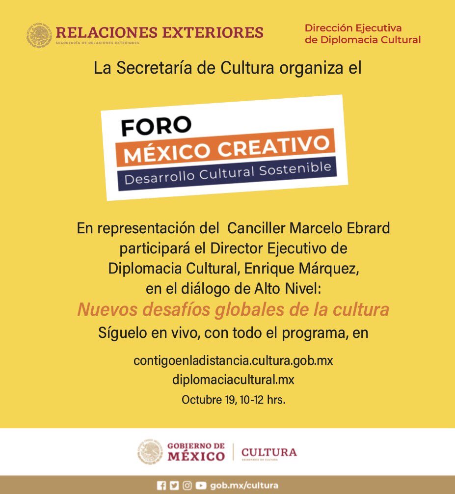 La Secretaria de Cultura organiza este importante foro internacional. Síganlo en vivo del 19 al 23. ⁦<a href="/SRE_mx/">Relaciones Exteriores</a>⁩ ⁦<a href="/m_ebrard/">Marcelo Ebrard C.</a>⁩ ⁦<a href="/alefrausto/">Alejandra Frausto</a>⁩ ⁦<a href="/labespalova/">Marina Núñez Bespalova</a>⁩ <a href="/PabloSRaphael/">Pablo Raphael</a>⁩ ⁦<a href="/cultura_mx/">Secretaría de Cultura</a>⁩ ⁦<a href="/DiplomaciacMX/">Diplomacia Cultural MX</a>⁩
