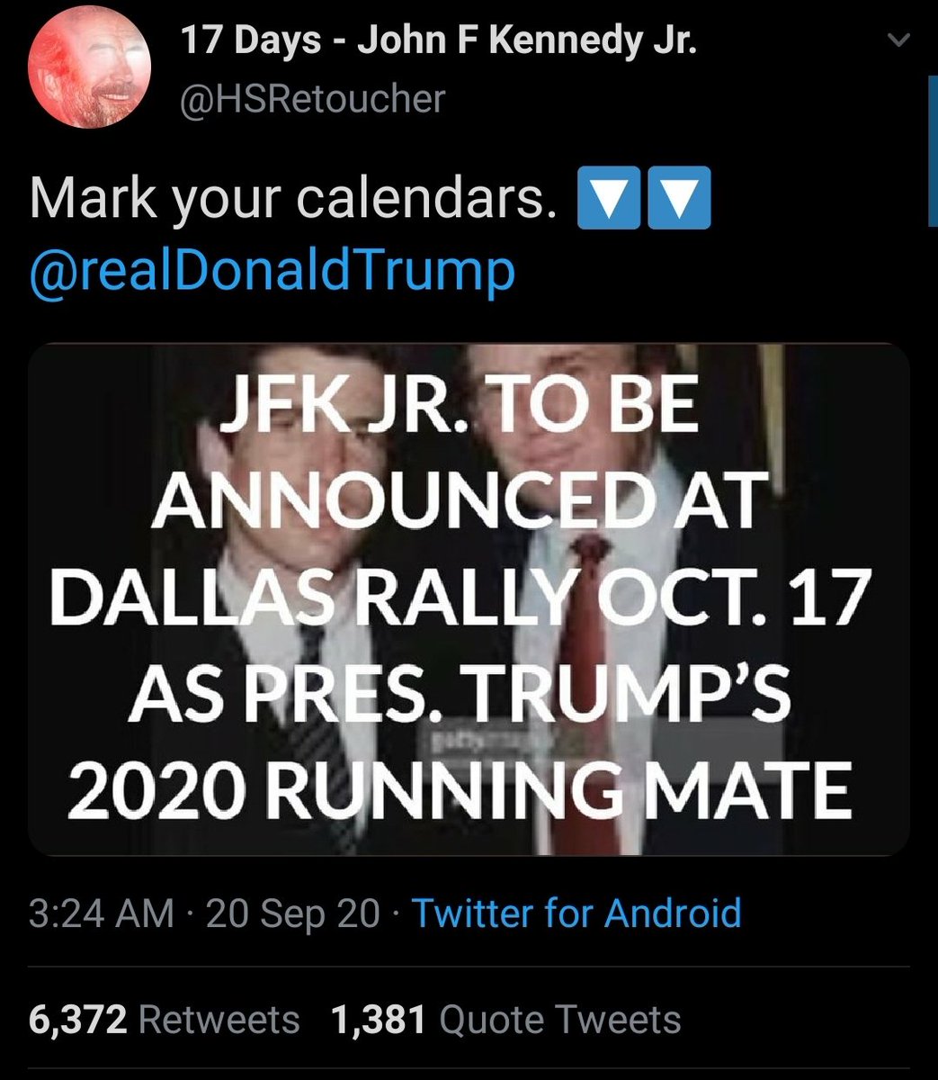 Big day in the "JFK Jr lives" sect of QAnon as the man himself is expected to reveal himself and replace Pence as Trump’s running mate at the Dallas rally.