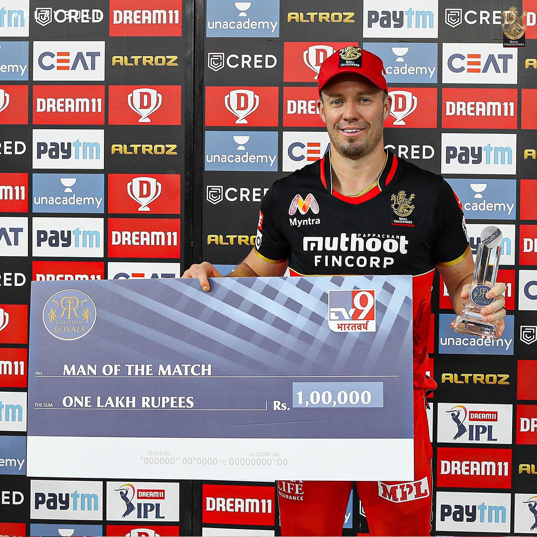 RCBTweets's tweet photo. Man of the Match #2️⃣3️⃣ for @ABdeVilliers17 today. 

The most for any player in the IPL! 🔝👏🏻👏🏻👏🏻

#PlayBold #IPL2020 #WeAreChallengers #Dream11IPL #RRvRCB https://t.co/3EYvXfAxSx