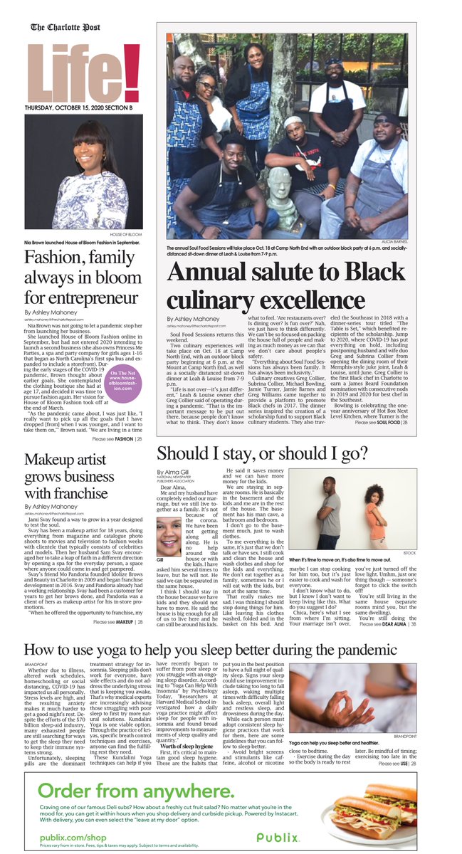 thecharpost's tweet photo. In Life: @m_a_h_o_n_e_y reports on #Soulfood Sessions; entrepreneur Nia Brown's new venture, House of Bloom; makeup artist @JamiSvay's growing business portfolio; and using #yoga to improve your #sleep. #readlocal and subscribe here: https://t.co/z72i6T9k2F https://t.co/ZX7iceVxem