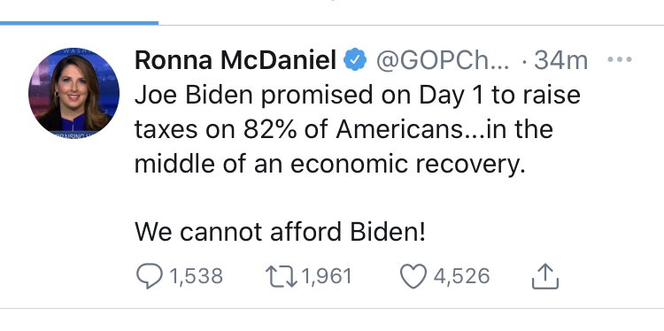 ProDemocracyRTs's tweet photo. This is a damn lie by the GOP chairwoman, and she knows it. Biden will raise taxes for people making $400K and above, and that sure ain’t 82% of Americans. Republicans lie 82% of the time, and that’s a conservative estimate. https://t.co/6kSCoR0kiE