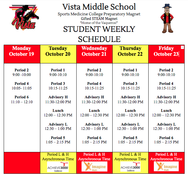 vistamiddle's tweet photo. Vista Students' Schedule - ๐๏ธโฐWeek of Oct. 19-23, 2020 #OnTime #AttendanceCounts #AttendanceMatters #DistancePresent #SMARTGoals #Punctuality #Synchronous #Asynchronous #Learning #SMARTchoices #SMARTgoals #VistaRocks @mspdamonte โ
More Info: https://t.co/KBY5xYH3qR https://t.co/NbGYNQxTeg