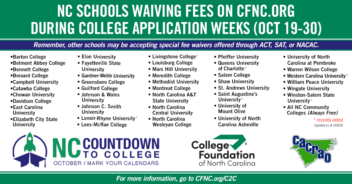 Ready to save money on college applications? 🎓 College Application Weeks begin on Monday! 🤑 Many North Carolina schools will waive application fees from October 19–30, but only on CFNC.org! Are your top schools on the list? #CoundownToCollege #ApplyToCollege