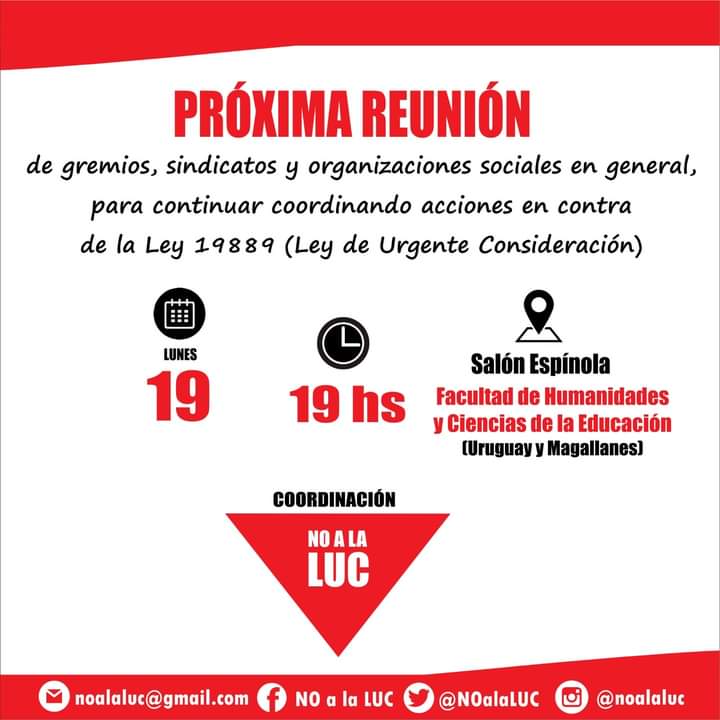 Este lunes nos reunimos ¡Sumate!
Coordinación NO a la LUC 🔻