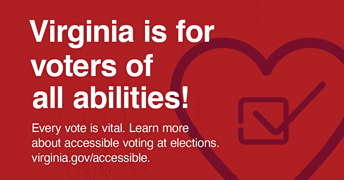 vaELECT's tweet photo. In VA, all polling locations are accessible, people with
physical disabilities and people over 65 can do curbside
voting, and print-disabled voters can use electronic ballot marking. To learn more, contact your registrar or visit https://t.co/JQfeI1X1Wo. https://t.co/qRujBRUeMa
