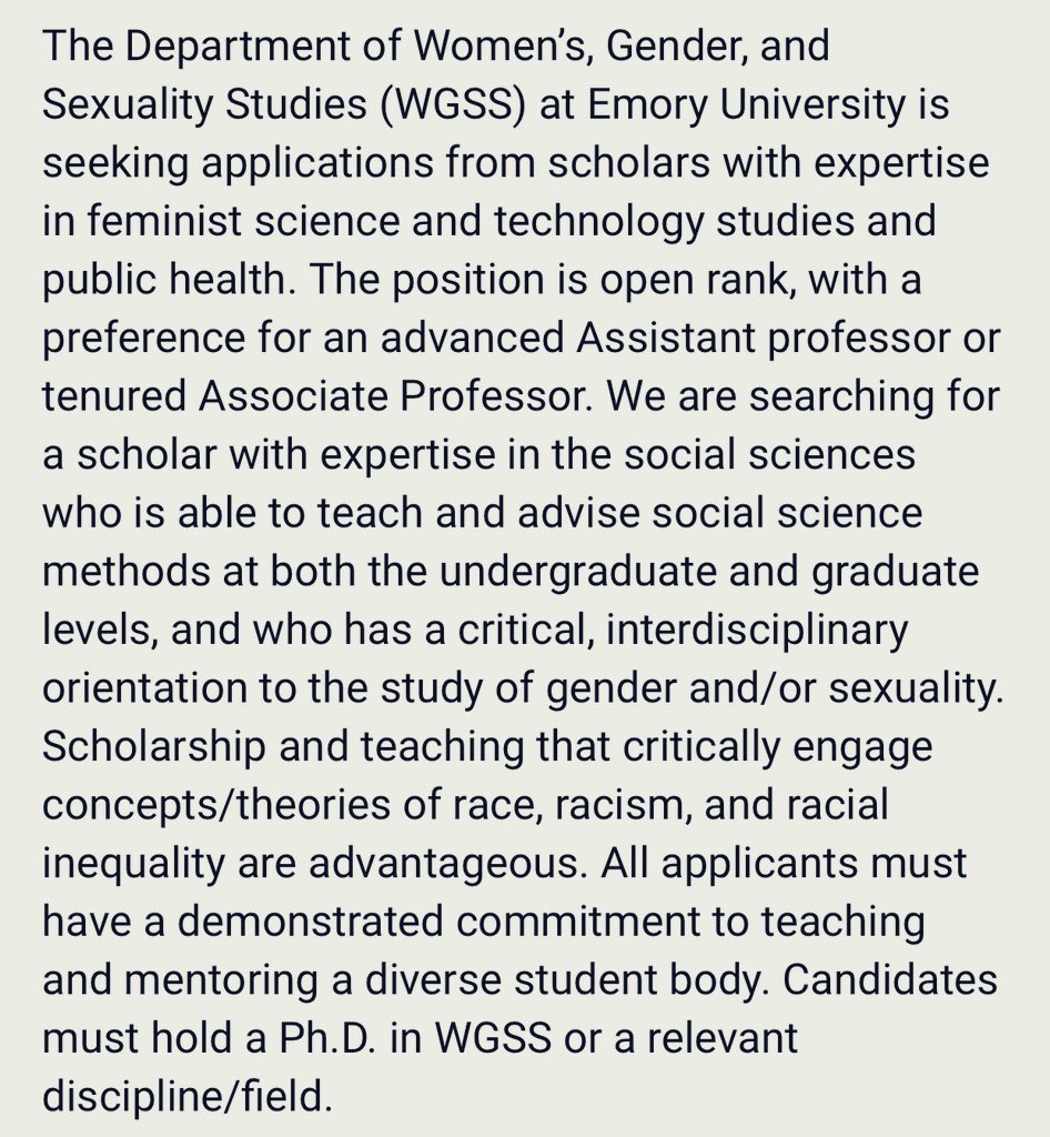 🚨We’re hiring! Feminist Science and Technology Studies and Public Health. Open rank. Social science research and teaching. Review of applications begins November 15. 

jobs.chronicle.com/job/293058/fem…