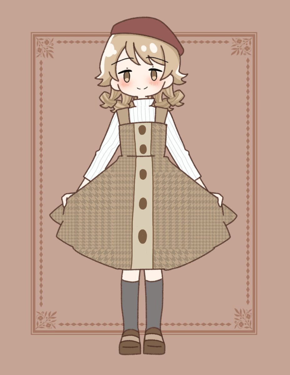 morikubo nono 1girl solo hat brown background smile dress socks  illustration images