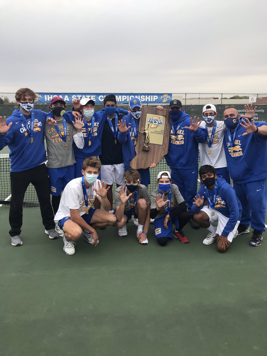 CarmelHSTennis's tweet photo. 2020 BOYS TENNIS STATE CHAMPIONS! The Hounds defeat North Central 3-2. The Hounds go 102-0 over the past 5 years to tie a state record for a 5th straight STATE CHAMPIONSHIP! 
GO HOUNDS! https://t.co/jaY3C6W5pe