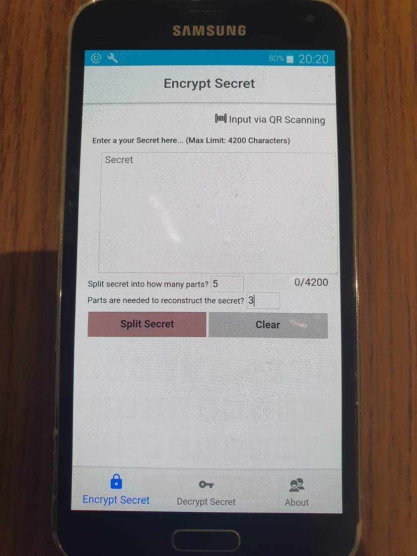After installing the apps I closed all internet / bluetooth connections and will never enable them again. Next in the app you can write the secret (passphrases) and select how many shards to have in total and how many needed for reconstruction.