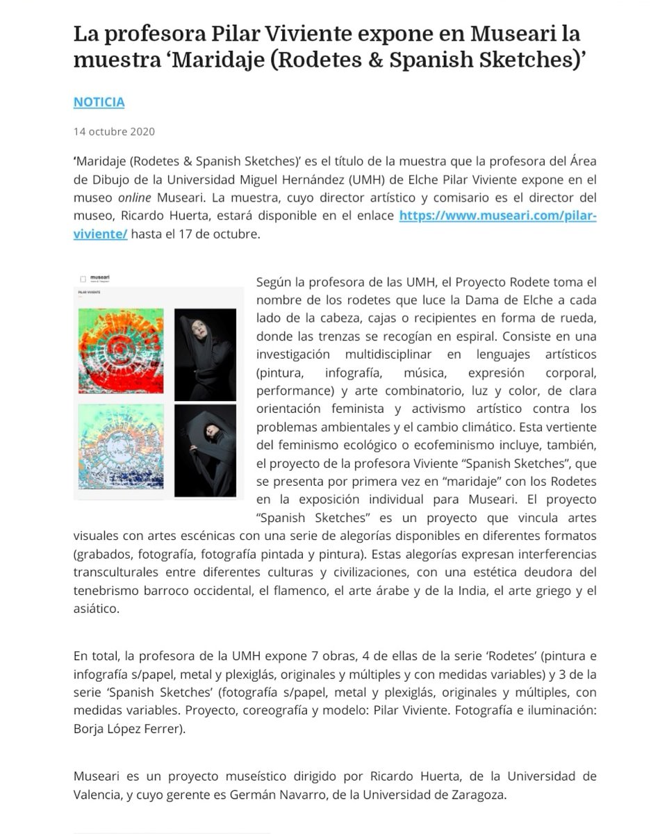 PilarViviente's tweet photo. 📰 La profesora Pilar Viviente expone en Museari la muestra ‘Maridaje (Rodetes & Spanish Sketches)’
https://t.co/9kUnEDA1en
🎨 📷 #pilarviviente #Maridaje #Rodetes #SpanishSketches #exposición #museari #painting #performance #transcultural #allegories #artcollectors #umh #news https://t.co/8B0A0RDIU8
