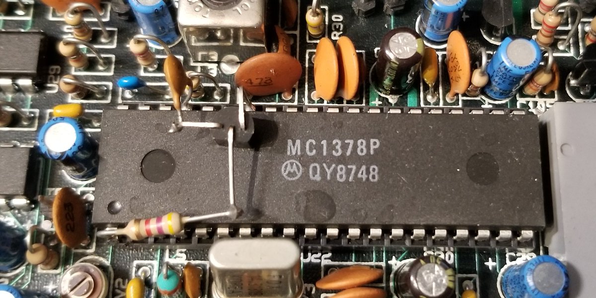 And over here we have a Motorola MC1378P.This is a Color Television Composite Video Overlay Synchronizer. Basically let helps you generate some RGB video and then merge it over an NTSC or PAL signal.