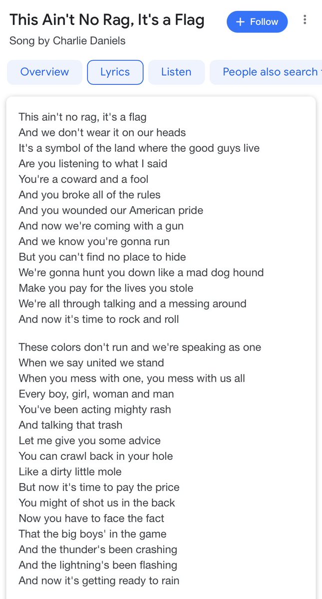 still waiting for the oath keeper sheriff, still on our “brief break,” and i am encountering some brand-new-to-me music including this super racist song that includes a segment that’s just audio of a toddler trying to say the pledge of allegiance