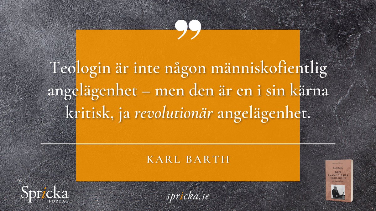 sprickaforlag's tweet photo. "Teologin är  inte någon människofientlig angelägenhet – men den är en i sin kärna kritisk, ja 𝙧𝙚𝙫𝙤𝙡𝙪𝙩𝙞𝙤𝙣𝙖̈𝙧 angelägenhet..." 👉 
~ Karl Barth, 𝘋𝘦𝘯 𝘦𝘷𝘢𝘯𝘨𝘦𝘭𝘪𝘴𝘬𝘢 𝘵𝘦𝘰𝘭𝘰𝘨𝘪𝘯. | https://t.co/NvVammBZ2V

#boktips #sprickaförlag #sprickacitat #teologi https://t.co/vzfgWxUtzW
