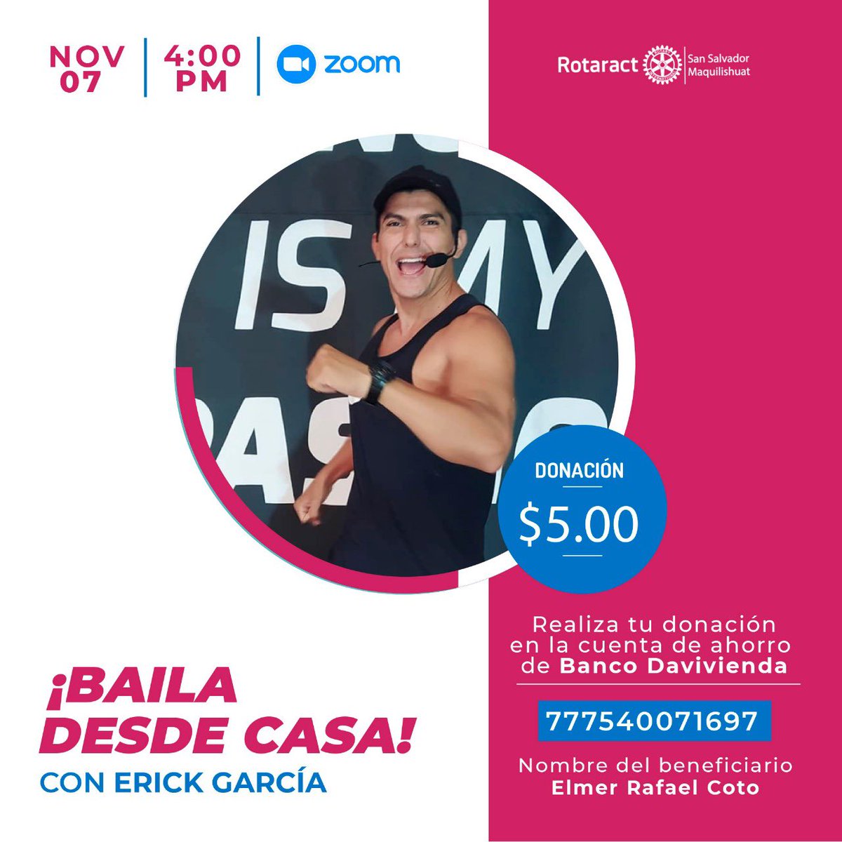¡Baila desde casa al ritmo de Erick García!

Acompañanos en nuestra clase de baile virtual impartida por Zoom 💃🏽🕺🏽, el próximo sábado 7 de noviembre 🗓️ a las 4:00 pm 🕓. Con tu donación seguiremos trabajando para impactar de forma positiva en más comunidades de El Salvador. 🇸🇻