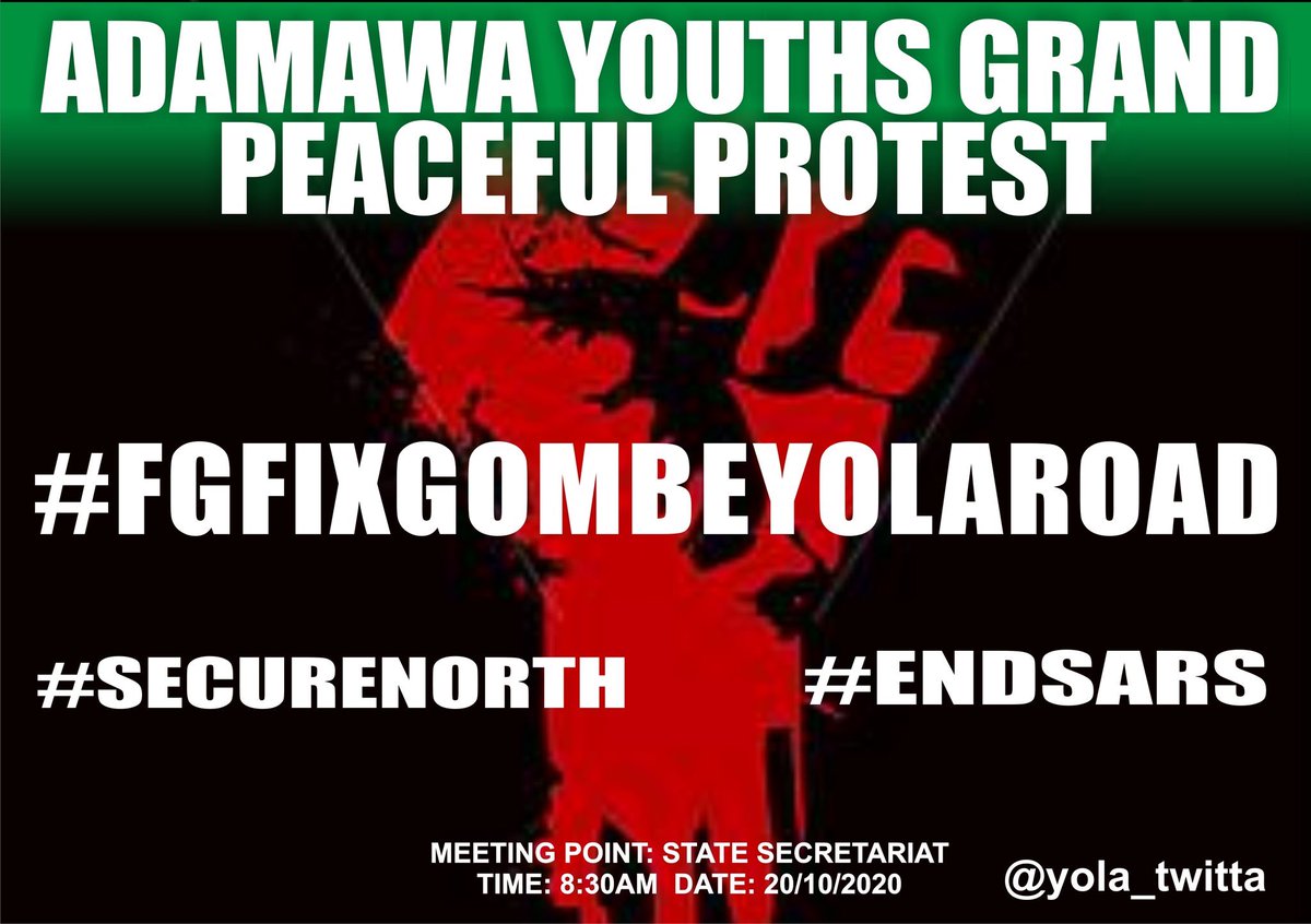 Yola_Twitta's tweet photo. ADAMAWA YOUTHS LETS ALL COME OUT ON TUESDAY. Are you a comrade? Youth activist ? Nation lover ? A true patriot of the nation here in Adamawa state? This is our time to unite and come out and tell the government their primary duty they abandoned. Tue8:30am 20/10/2020. Letโs unite. https://t.co/w6xFeRSsEJ