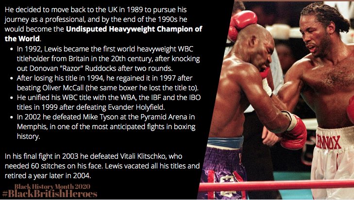 Our next Black British Hero is Lennox Lewis, one of Britain’s greatest boxers of all time  #BlackHistoryMonthUK    #BHM    #BlackBritishHeroes @LennoxLewis