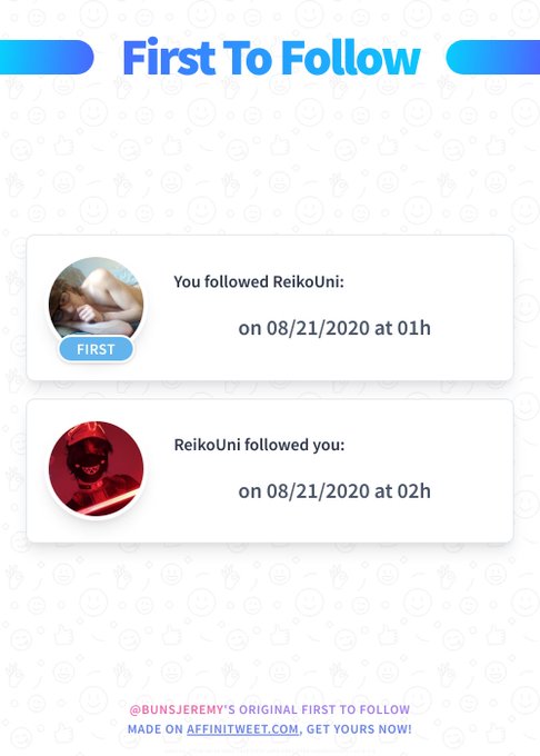 #Affinitweet First To Follow
You followed ReikoUni on 08/21/2020 at 01:28:56.
ReikoUni followed you on