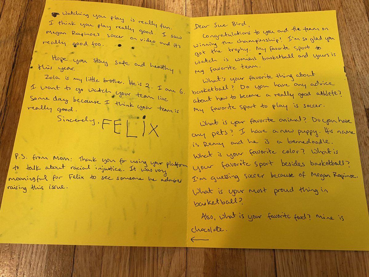 Happy [belated] birthday <a href="/S10Bird/">Sue Bird</a>, from one of your littlest fans! “…What is your most proud thing in basketball? What is your favorite food? Mine is chocolate.” - 6-yr-old Felix 😍🏀