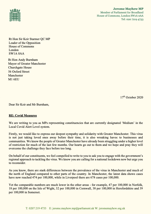 20 MPs have today written to Keir Starmer and Andy Burnham. Let's work together to avoid another damaging lockdown, tackling the virus on a regional basis, responding to the infection rates if we are save lives, look after the NHS, keep children in school, & shelter the economy. https://t.co/VEFbuBHMcJ