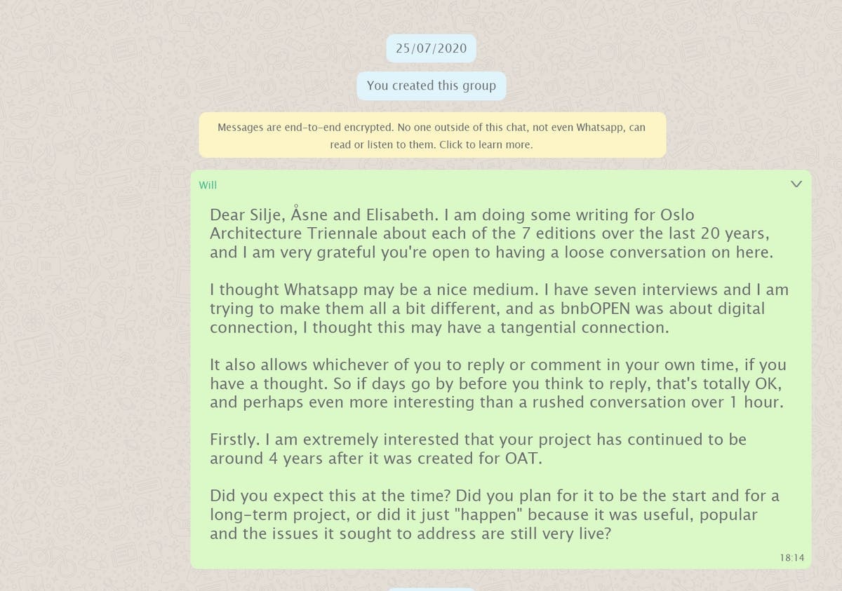 willjennings80's tweet photo. For @oslotriennale I had a slow, considered WhatsApp conversation with Silje Klepsvik, Elisabeth Søiland &amp; Åsne Hagen of @OPENtransform about ethics, social good and architecture for change:

https://t.co/CNN4VahtsO https://t.co/YAgq2kSxD7